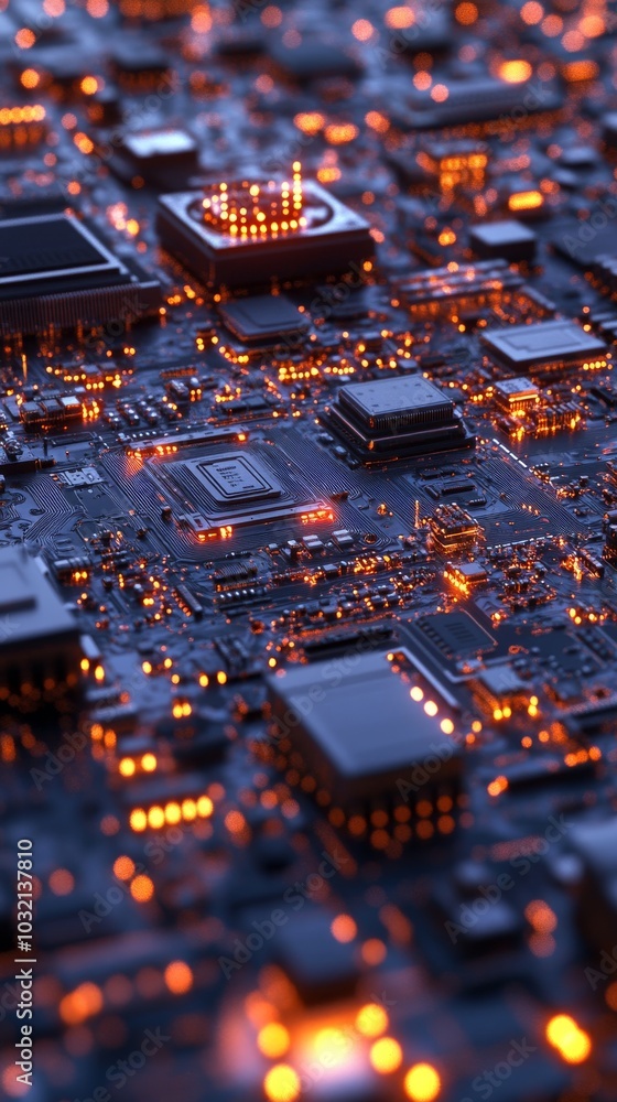 Poster close-up view of a modern circuit board with glowing orange lights, highlighting the intricate netwo