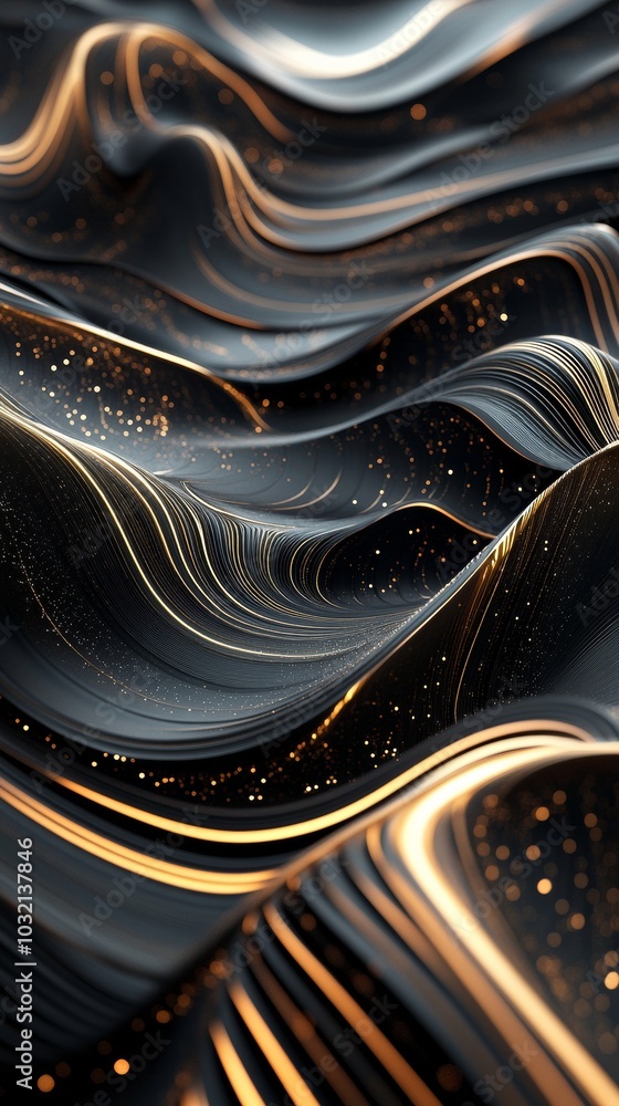 Poster abstract black and gold background with waves and glowing particles, simulating a luxurious fabric o