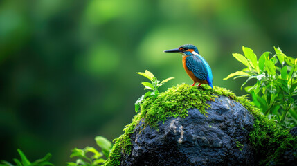 vibrant kingfisher perched on mossy rock surrounded by lush greenery creates serene and captivating scene. birds striking colors contrast beautifully with natural setting, evoking sense of