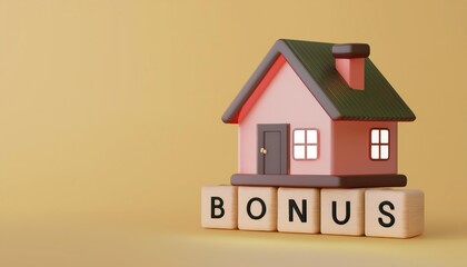 A miniature house model next to wooden blocks spelling "BONUS," set against a warm yellow background, symbolizing incentives or rewards related to home ownership.