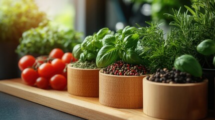 Fresh herbs, spices, and cherry tomatoes in wooden bowls on a kitchen counter.