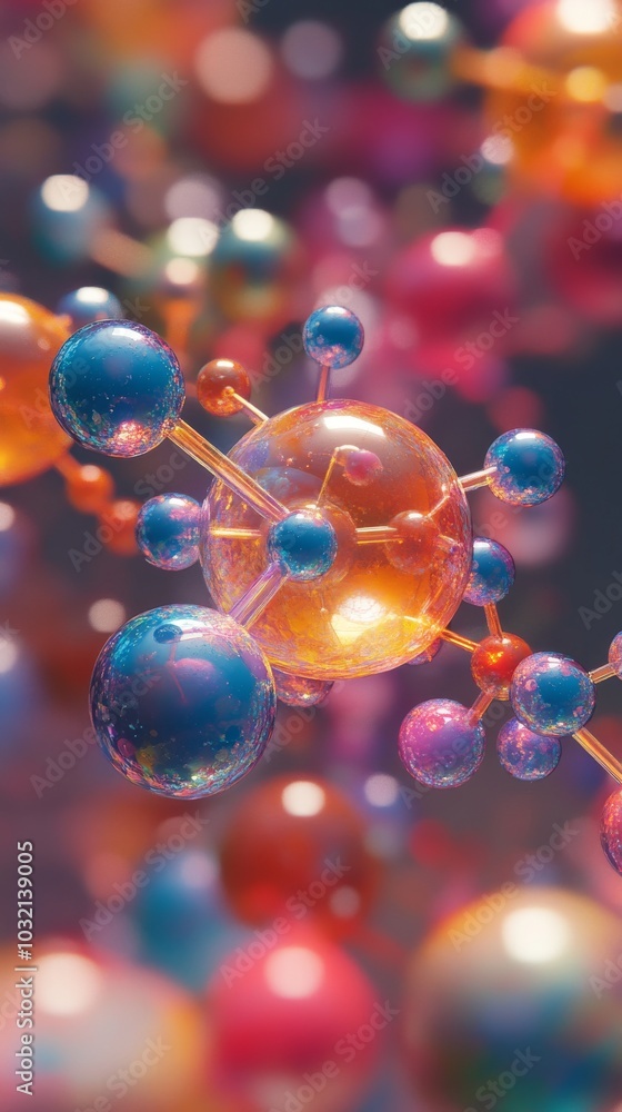 Poster 3d rendering of a shiny molecule structure with connected spheres, floating in front of a background