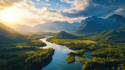 Fototapeta premium A breathtaking landscape of vibrant mountains, lush greenery, and a crystal-clear river under a radiant sky, creating a paradise-like atmosphere