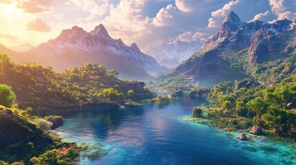 A breathtaking landscape of vibrant mountains, lush greenery, and a crystal-clear river under a radiant sky, creating a paradise-like atmosphere