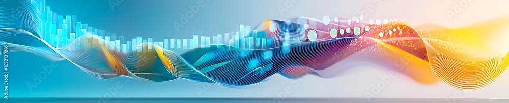 Poster A vibrant abstract wave pattern representing dynamic motion and technology. This colorful graphic illustrates energy and innovation with smooth lines and modern design.