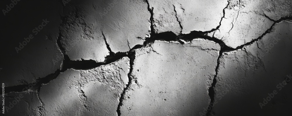 Poster black and white image of a cracked concrete surface, creating a textured background with a network o