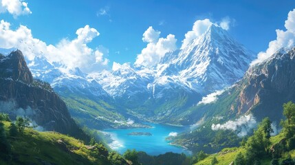 A breathtaking view of snow-capped mountains, emerald green valleys, and a crystal-clear lake under a brilliant blue sky