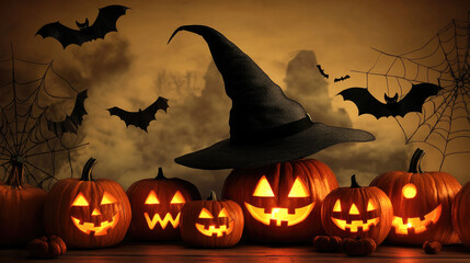 Naklejka premium Spooky jack-o'-lanterns, witch's hat, bats. Eerie mist. Halloween stock photo.