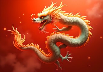 Obraz premium Chinese' Day with big Dragon, isolated on the red background, for China' Day, 