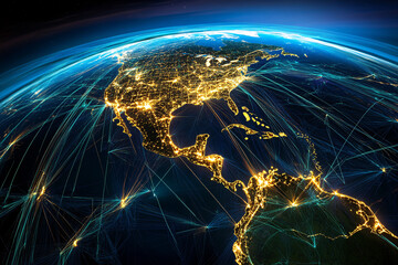 A view of North and Central America from space at night with glowing city lights connected by network lines and glowing edges
