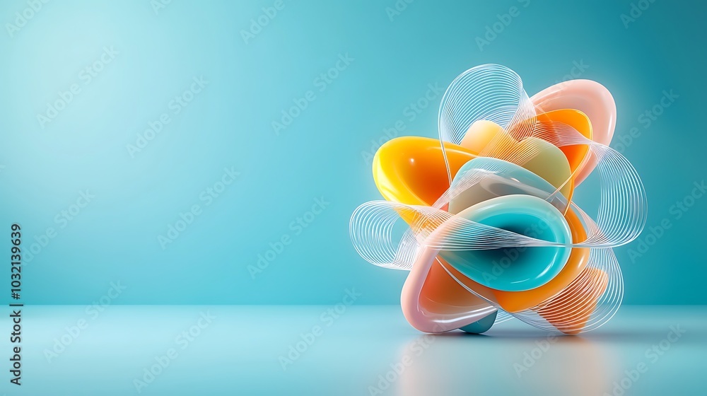 Poster modern abstract composition featuring a colorful shape with soft curves and lines, set against a ser