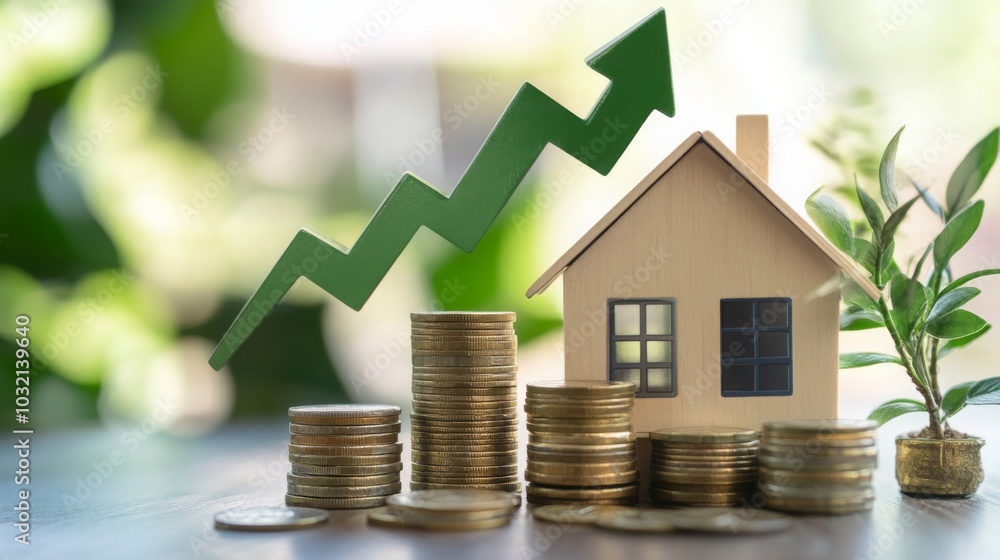 Poster a model house sits in front of stacks of coins, with a green arrow pointing upwards, indicating risi