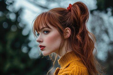 Fototapeta premium Woman with bright red hair and a warm yellow sweater, possibly for a casual outing or social event
