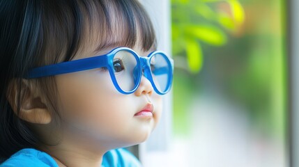Young child wearing blue glasses focusing on distant tree outside window, symbolizing myopia prevention and importance of outdoor activities.