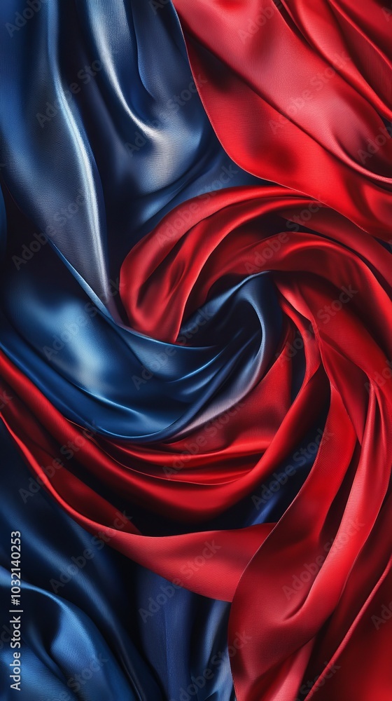 Poster flowing red and blue satin fabric creating a luxurious and sophisticated backdrop, ideal for showcas