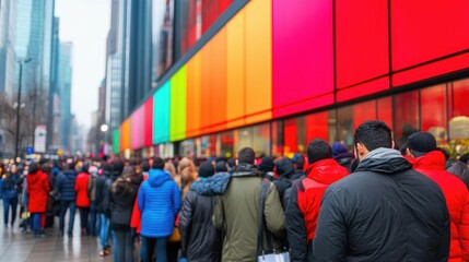 Vibrant storefront adorned with festive Black Friday promotional banners drawing a large crowd of eager shoppers lined up in anticipation of the upcoming sales event