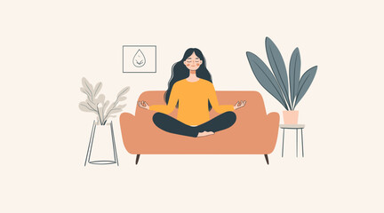 vector drawing girl sitting in lotus position on sofa flat style .Generative AI