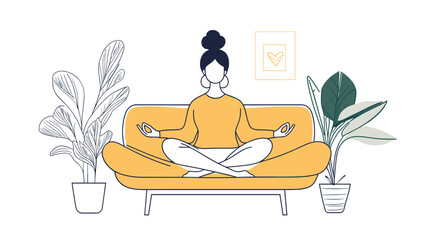 Obraz premium vector drawing girl sitting in lotus position on sofa flat style .Generative AI