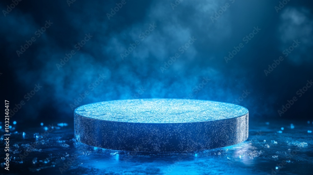 Poster an illuminated ice disc rests on a surface, surrounded by a soft mist and shimmering water droplets.