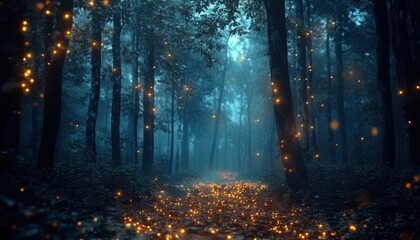 Obraz premium Gloomy fantasy forest at night illuminated by glowing lights in a mystical atmosphere