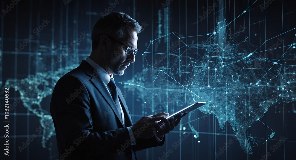 Poster the businessman using a tablet in a silhouette double exposure. in the background is network of glow