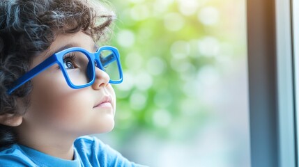 Young child wearing blue glasses focusing on distant tree outside window, symbolizing myopia prevention and importance of outdoor activities.