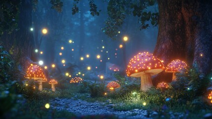 Fototapeta premium Enchanted forest with glowing mushrooms and fireflies.