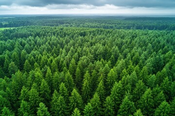Obraz premium Aerial View of a Lush Green Forest Under a Cloudy Sky