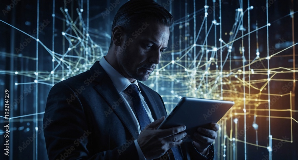 Poster the businessman using a tablet in a silhouette double exposure. in the background is network of glow