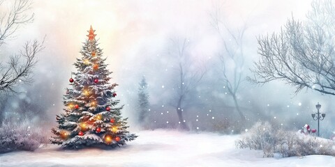 Fototapeta premium A Christmas tree is lit up with lights and ornaments. The scene is set in a snowy forest, with a path leading to the tree. Scene is festive and cozy