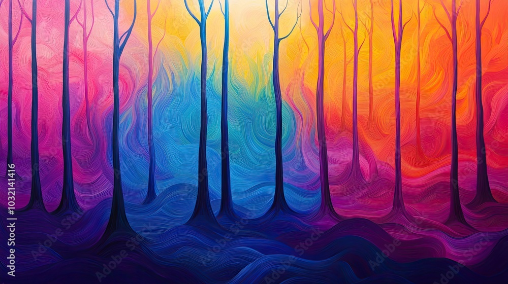 Poster surreal forest with melting trees and colorful pools