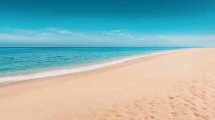 Fototapeta premium Serene Beach Escape, tranquil shoreline with soft golden sand, expansive clear horizon inviting relaxation and reflection, perfect setting for travel inspiration and leisure activities