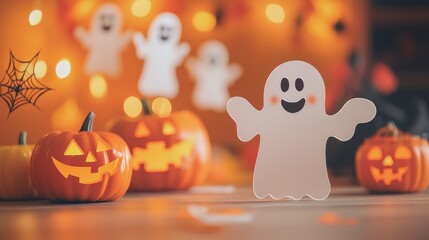 A playful Halloween scene featuring cute paper ghosts and smiling jack-o'-lanterns, enhanced by warm lights and a festive atmosphere.