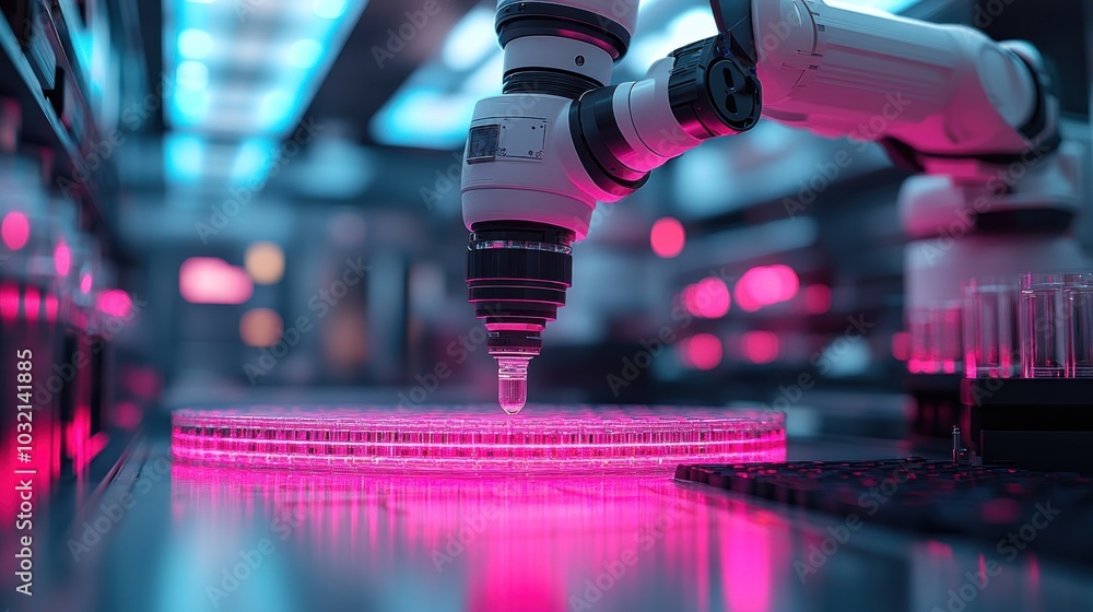 Aufkleber robotic arm with a dropper working in a laboratory setting, filling test tubes.