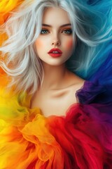Fototapeta premium Ethereal Guardian of the Celestial City, a woman with flowing white hair and striking red features, adorned in a vibrant chiffon dress, embodies beauty in a fantastical realm.