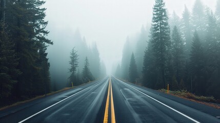 Fototapeta premium Foggy Highway Through Tall Pines, a tranquil scene where mist envelops towering trees, creating an air of mystery and calm, inviting exploration into the unknown.