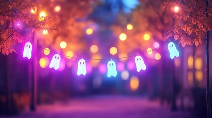 Colorful ghost lights hang over a dreamy autumn pathway, creating a whimsical atmosphere perfect for Halloween celebrations.