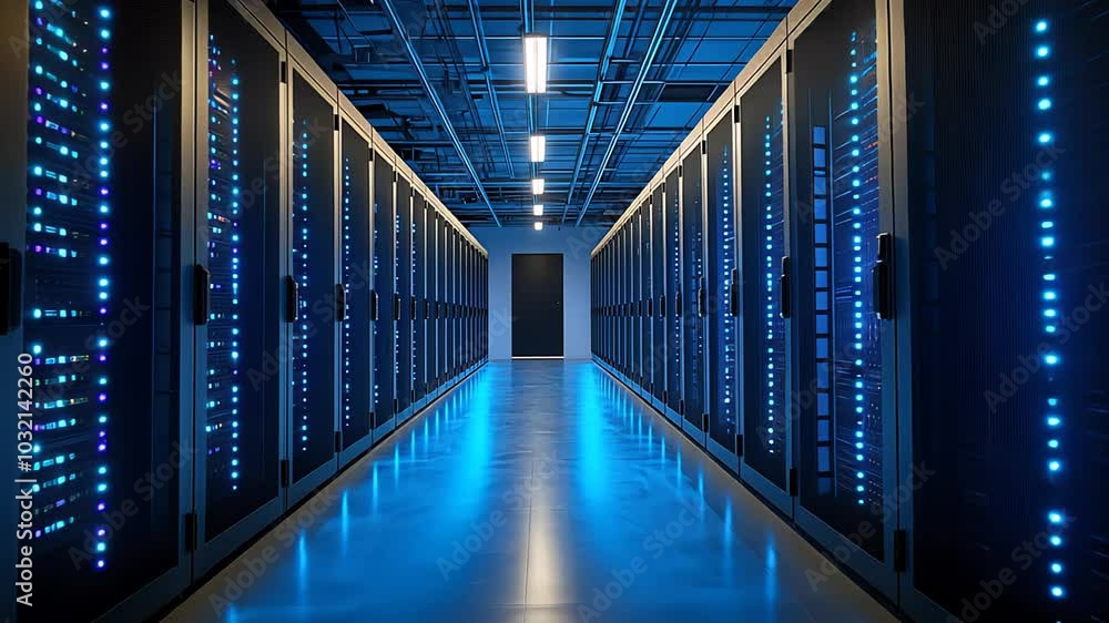 Poster close-up of server room with blinking lights and cabling