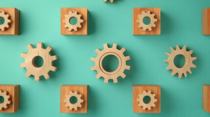 Imaginative Gear Patterns on Wooden Cubes, a creative flat design showcasing intricate gear motifs arranged on textured wooden surfaces, vibrant colors and playful composition.