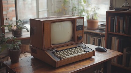 A vintage computer sits on a wooden desk in a room with plants and a window.