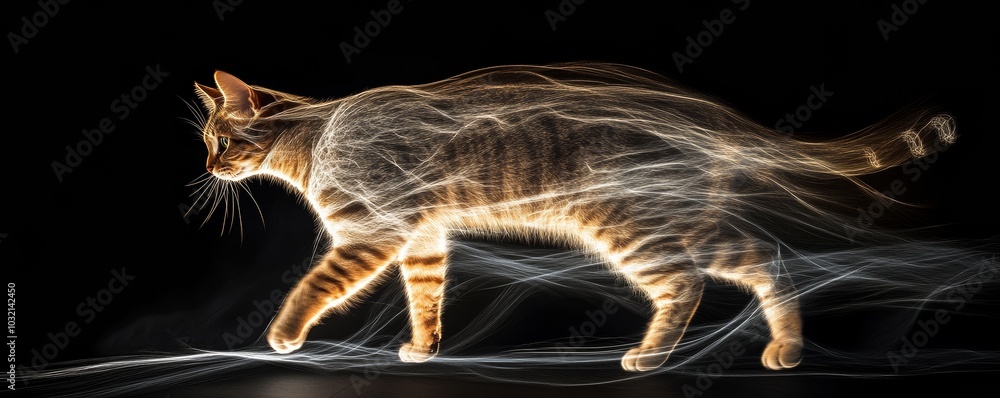 Poster artistic image of a tabby cat with a blurred effect and light trails emanating from its body, set ag