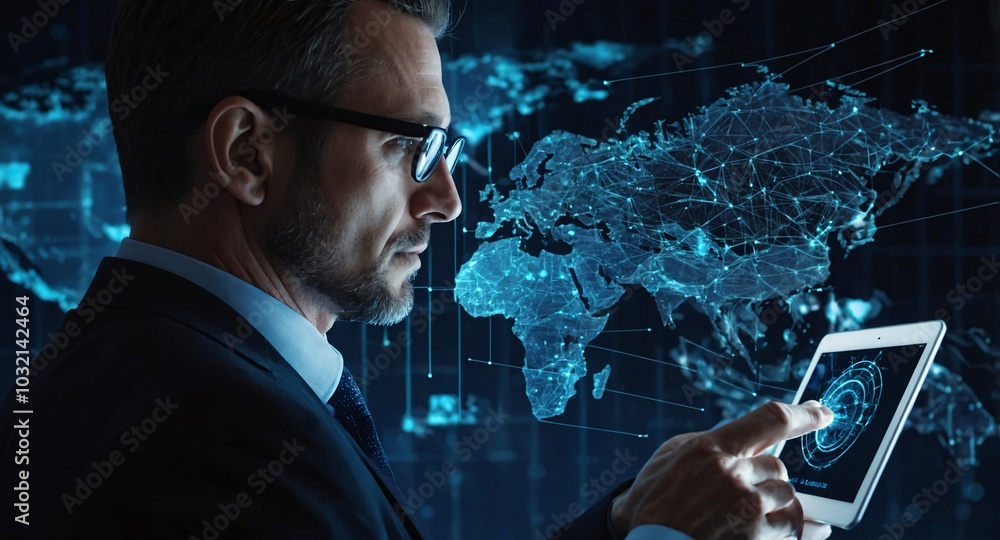 Poster the businessman using a tablet in a silhouette double exposure. in the background is network of glow