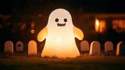 A glowing, friendly ghost decoration stands among white tombstones, creating a whimsical Halloween ambiance at night.