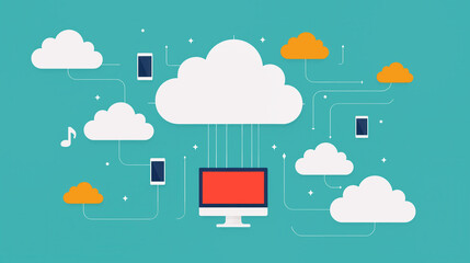 Digital Cloudscape, a vibrant illustration depicting interconnected devices floating among stylized clouds, showcasing the seamless integration of technology and the digital world.