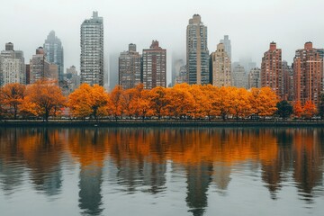 Obraz premium Cityscape Reflected in Water with Autumn Trees