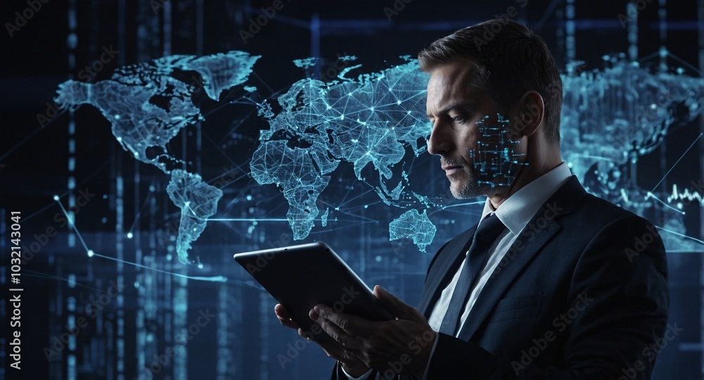 Poster the businessman using a tablet in a silhouette double exposure. in the background is network of glow