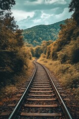 Obraz premium Railway tracks curve through dense forests with a distant mountain view under dramatic clouded skies.