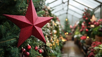 Red star ornament hanging among festive decorations in a greenhouse - Powered by Adobe