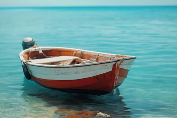 Naklejka premium A classic wooden boat drifts across a tranquil turquoise sea, embodying simplicity and serenity under the broad daylight.
