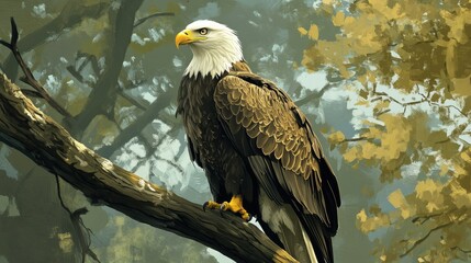 Obraz premium Bald eagle perched on a tree branch, its sharp eyes scanning the landscape below for potential prey.